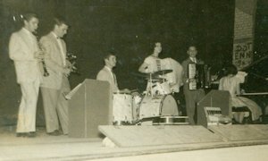 The Seven Teens, ca. 1957, courtesy John Alessio: L-r: Bill DeMao, clarinet: John Alessio, trumpet; Mike DeMao, drums; Mary Ann Coshignano, vocal and accordion; Emil Gatto, accordion; Liz Cromwell, vocal and piano. (Fran Osso, guitar, not shown.)