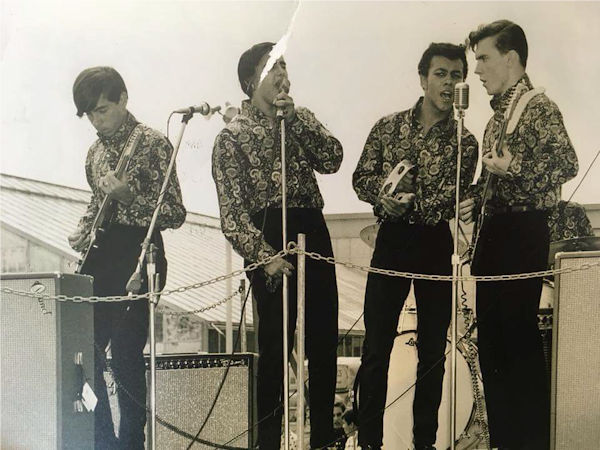 The Younger Generation at the Battle of Bands contest, Hicksville, 1967. Left to right, Alan Galasso (guitar), Johnny Rosolino (lead vocals), Louis Mayhew (vocals), Jim Dean (vocals, guitar), Roland Donisi (drums, hidden) 